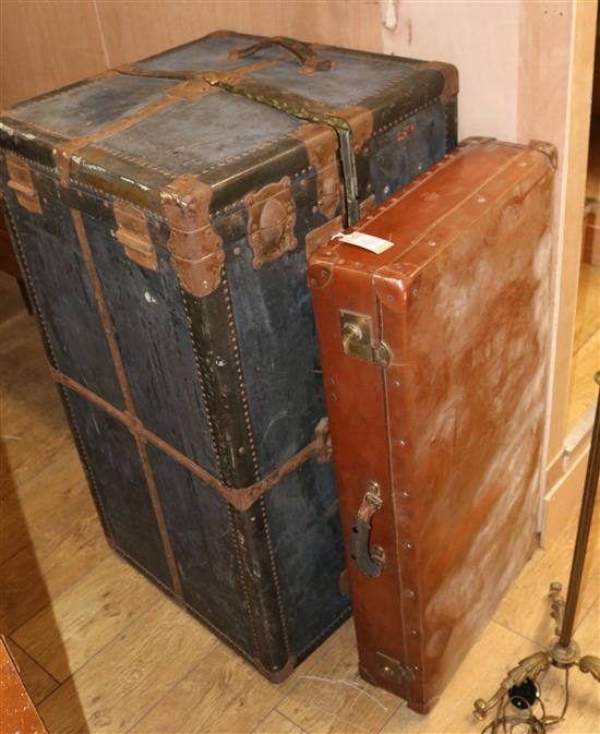 A fitted cabin trunk and a leather suitcase trunk W.108cm suitcase W.96cm
